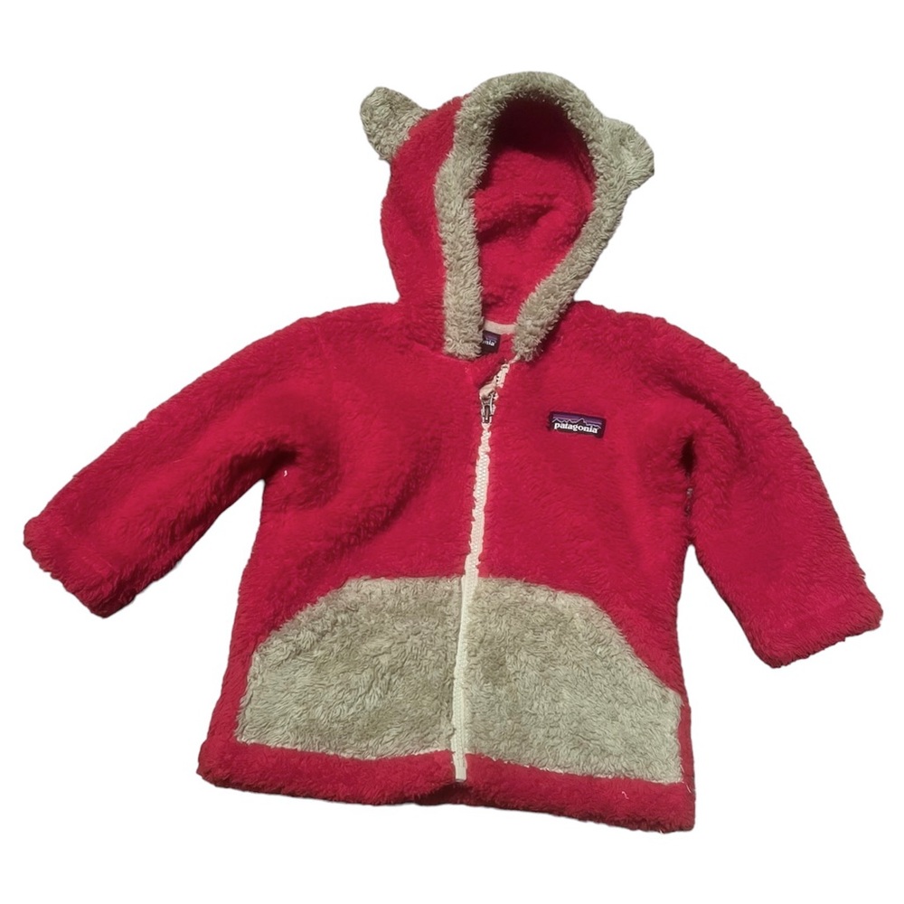 Patagonia Kids Red and Cream Fleece Hooded Jacket with Ear Details